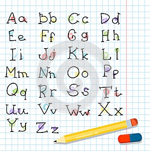 Vector handwritten font. Sketch with the English alphabet. Isolated large and small doodle letters. A notebook in a cage