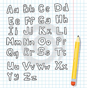 Vector handwritten font. Sketch with the English alphabet. Isolated large and small doodle letters. A notebook in a cage