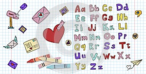 Vector handwritten font. Sketch with the English alphabet. Isolated large and small doodle letters. A notebook in a cage