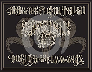 Vector handwritten gothic font for unique lettering with hand drawn illustration of ram skull.