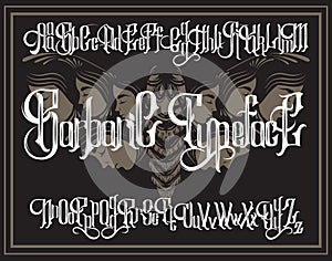 Vector handwritten gothic font for unique lettering with hand drawn illustration of surreal moth with human faces.