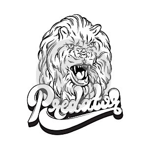 Vector handwritten lettering. Hand drawn illustration of lion.