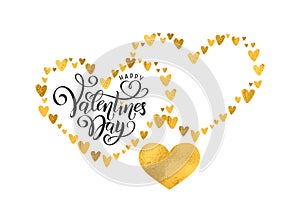 Vector handwritten lettering Happy Valentines Day. Empty shape for name text. Valentines Day hearts golden foil pattern