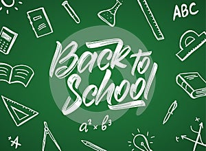 Vector Handwritten typographic lettering of Back to School with doodles supplies on blackboard background
