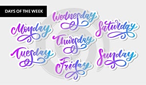 Vector handwritten week days and symbols set. Ink font. Stickers for planner and other. Clipart. Isolated