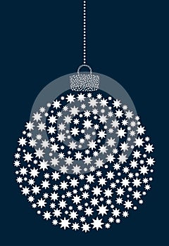 Vector hanging abstract Christmas ball consisting of asterisk, flower icons on a dark blue background.