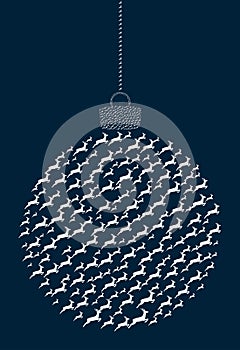 Vector hanging abstract Christmas ball consisting of deer icons on a dark blue background.