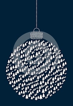 Vector hanging abstract Christmas ball consisting of fir tree icons on a dark blue background.