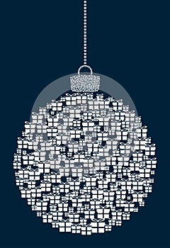 Vector hanging abstract Christmas ball consisting of gift box icons on a dark blue background.