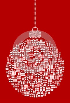 Vector hanging abstract Christmas ball consisting of gift box icons on red background.