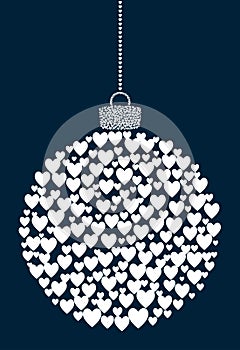 Vector hanging abstract Christmas ball consisting of heart icons on a dark blue background.