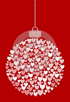 Vector hanging abstract Christmas ball consisting of heart icons on red background.