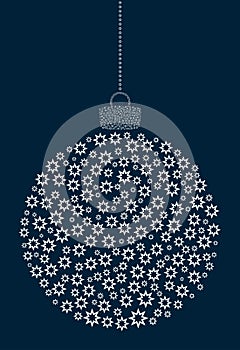 Vector hanging abstract Christmas ball consisting of line asterisk, flower icons on a dark blue background.