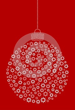 Vector hanging abstract Christmas ball consisting of line asterisk, flower icons on red background.