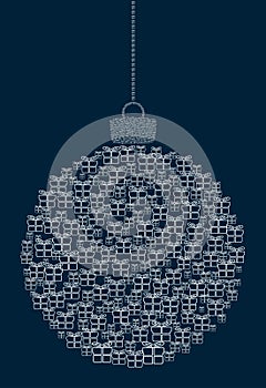 Vector hanging abstract Christmas ball consisting of line gift box icons on a dark blue background.