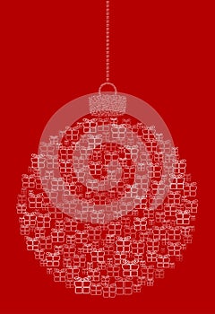 Vector hanging abstract Christmas ball consisting of line gift box icons on red background.