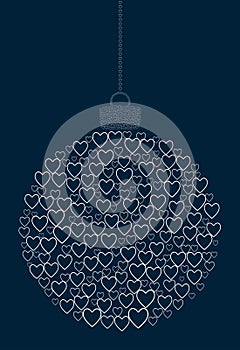 Vector hanging abstract Christmas ball consisting of line heart icons on a dark blue background.