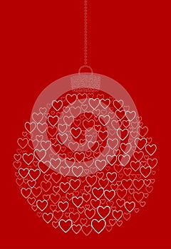 Vector hanging abstract Christmas ball consisting of line heart icons on red background.