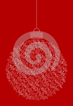 Vector hanging abstract Christmas ball consisting of line percent sign icons on red background.