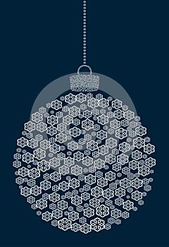 Vector hanging abstract Christmas ball consisting of line snowflake icons on a dark blue background.