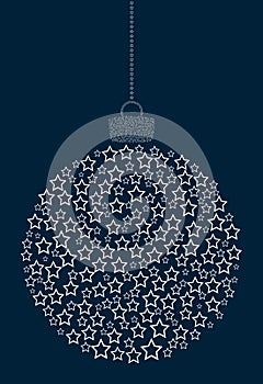 Vector hanging abstract Christmas ball consisting of line star icons on a dark blue background.