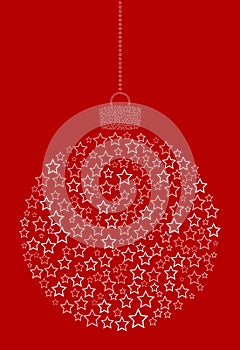 Vector hanging abstract Christmas ball consisting of line star icons on red background.