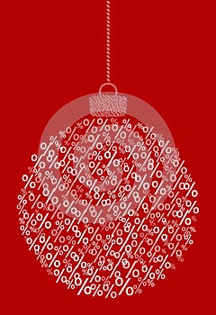 Vector hanging abstract Christmas ball consisting of percent sign icons on red background.