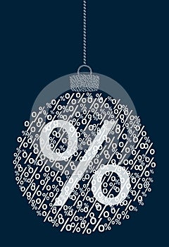 Vector hanging abstract Christmas ball consisting of percent sign icons, sale on a dark blue background.