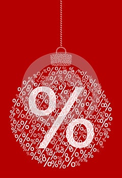 Vector hanging abstract Christmas ball consisting of percent sign icons, sale on red background.