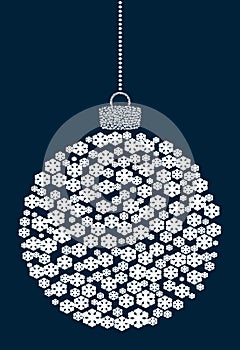 Vector hanging abstract Christmas ball consisting of snowflake icons on a dark blue background.