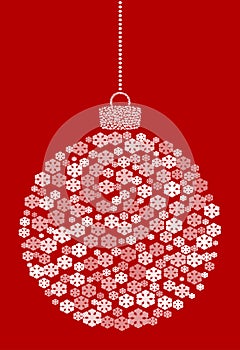 Vector hanging abstract Christmas ball consisting of snowflake icons on red background.