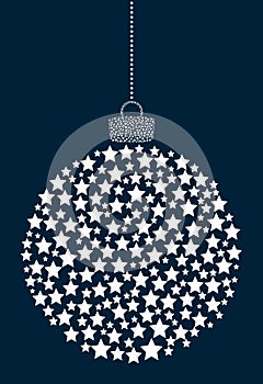 Vector hanging abstract Christmas ball consisting of star icons on a dark blue background.