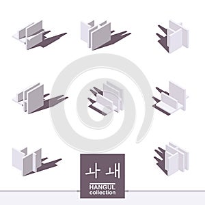 Vector hangul collection with letters wa and wae in isometric top view, drawn with shadows, isolated on white background
