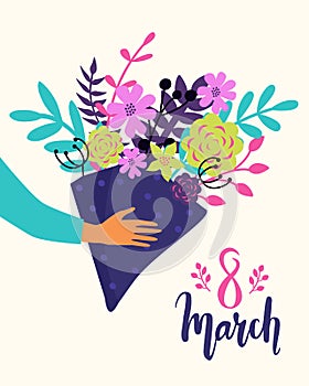 Vector Happy 8 March illustration with hands holding bouquet of flowers. Trendy International Women`s Day greeting card, poster