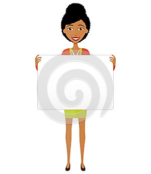 Vector -Happy African American business woman holding sign or banner isolated on white background. Vector.