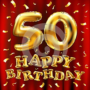 Vector happy birthday 50th celebration gold balloons and golden confetti glitters. 3d Illustration design for your greeting card,