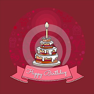 Vector Happy Birthday card. Big Cake with candle.