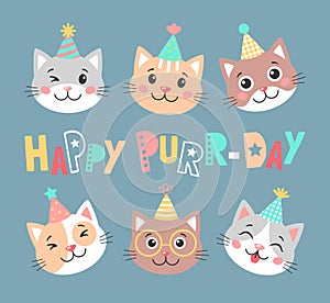 Vector happy birthday card with cute cats. Party cartoon illustration on blue background