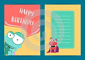 Vector happy birthday card template with cute cartoon monsters on wavy background