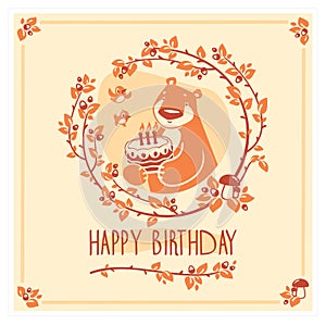 Vector Happy Birthday greeting card with cute bear and cake. Invitation design.
