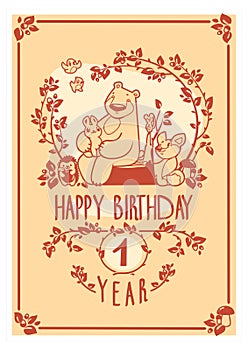 Vector Happy Birthday greeting card with cute rabbit, bird, hedgehog, mouse, fox and bear. Invitation design.