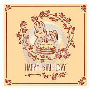 Vector Happy Birthday greeting card with cute rabbit, mouse and cake. Invitation design.