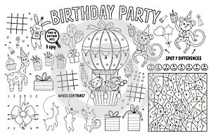 Vector Happy Birthday placemat for kids. Holiday party printable activity mat with maze, tic tac toe charts, connect the dots,