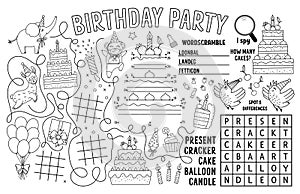 Vector Happy Birthday placemat for kids. Holiday party printable activity mat with maze, tic tac toe charts, connect the dots,