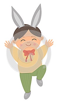 Vector happy boy with bunnyâ€™s ears jumping with joy. Easter funny character and design element.