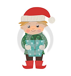 Vector happy boy with golden hair holding a present. Cute winter elf like kid illustration isolated on white background.