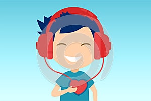 Vector of a happy boy in headphones listening to the music of his heart