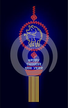 Vector Happy Chinese New Year 2019. Neon sign Zodiac symbol pig, ornament of red Chinese knots. Chinese lantern glowing