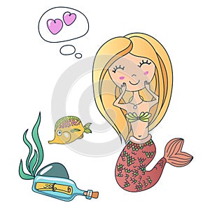 Vector Happy cute little siren mermaid, bottle with a note and tropic fish. Hand drawn illustration.