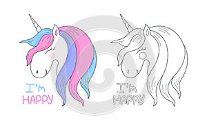 Vector happy cute unicorn isolated on white background. Head portrait horse, outline,